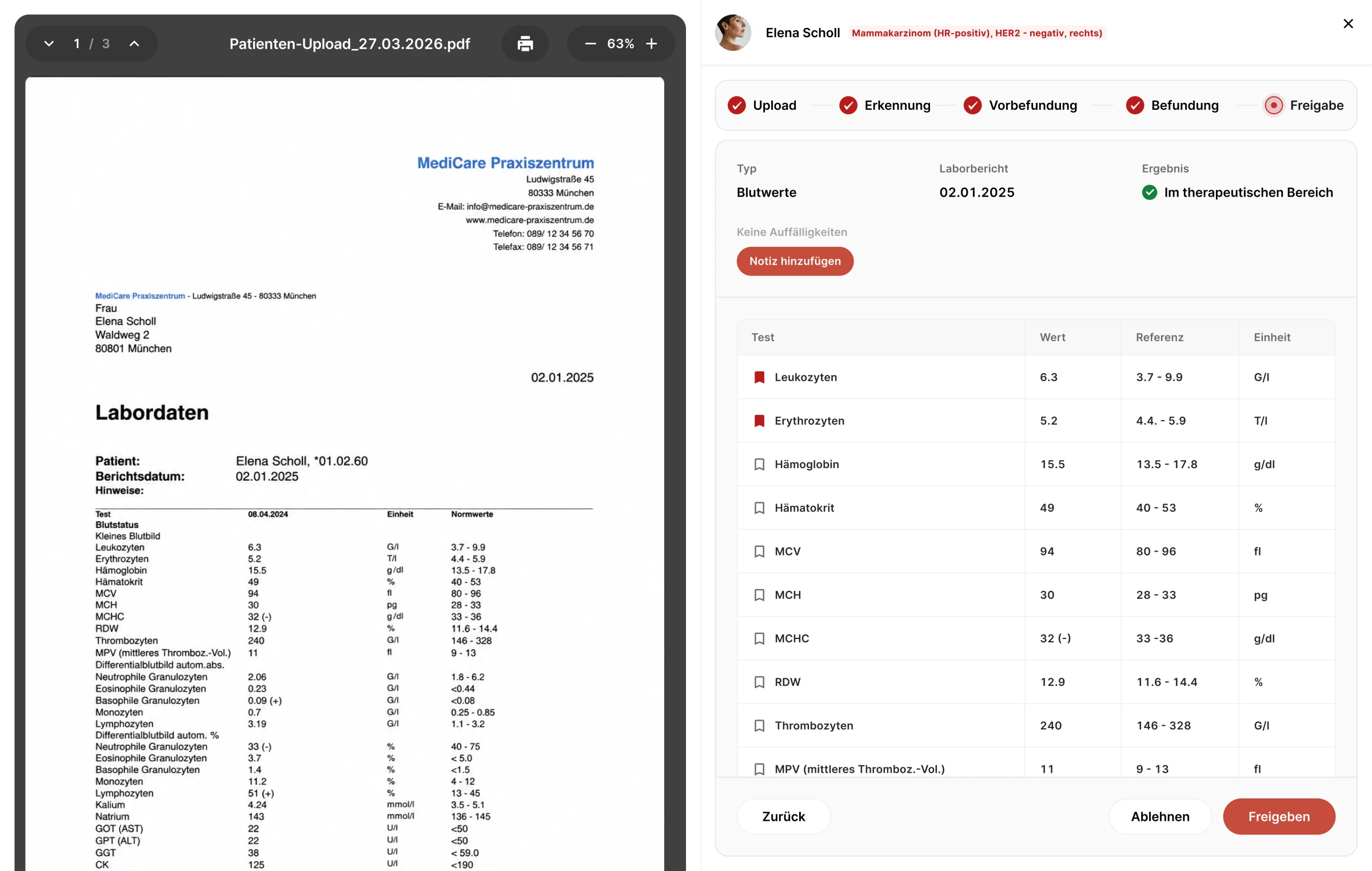 OnkoPass Klinik-Portal: strukturierte Befundung und Freigabe von Laborwerten