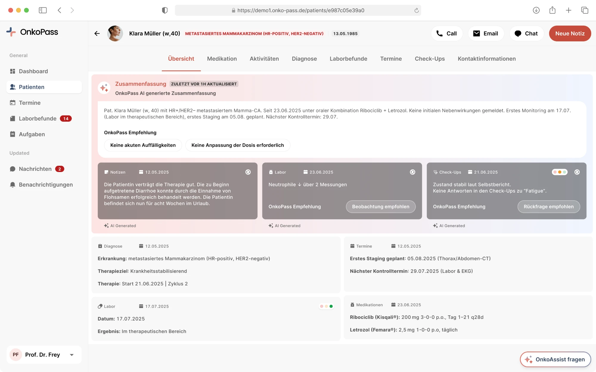 OnkoPass Klinik-Portal: Patientenübersicht mit KI-Zusammenfassung